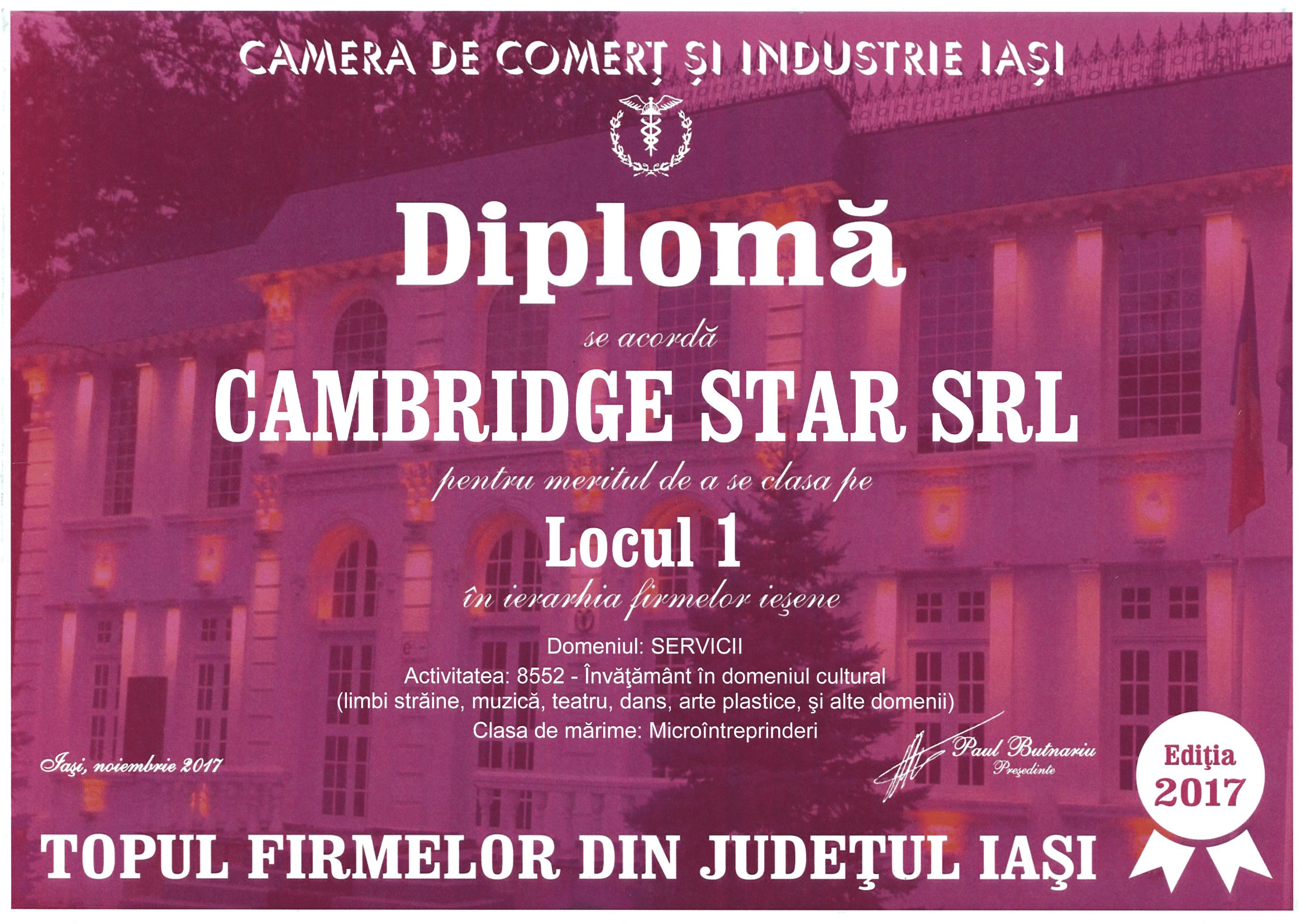 Diplomă Top Firme Județul Iași 2017
