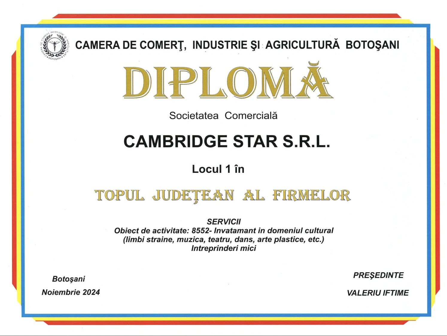 Diplomă Topul Județean al Firmelor 2024